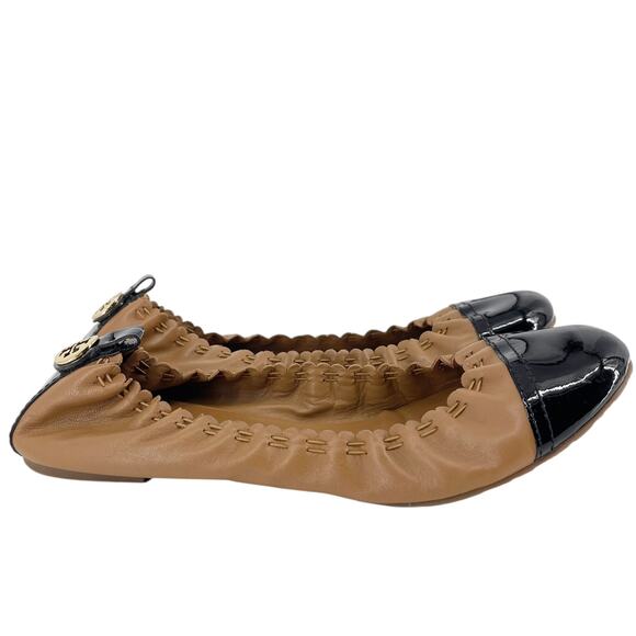 Tory Burch Melinda Cap Toe Ballet Flats Size 11 Tan Leather Black Patent Gold - Picture 2 of 7